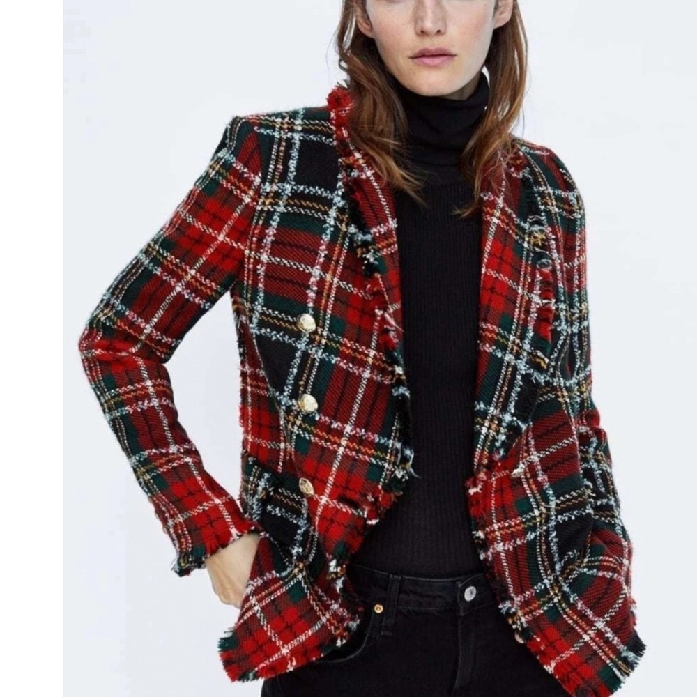 Zara Woman Red Plaid Tartan Blazer Jacket Gold Crest Button Raw Hem Academia